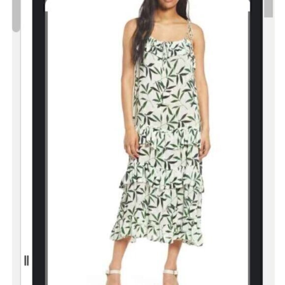 Area Stars midi dress womens XS Green Leaf Print Tie Strap Ruffle Slipdress - Picture 1 of 11